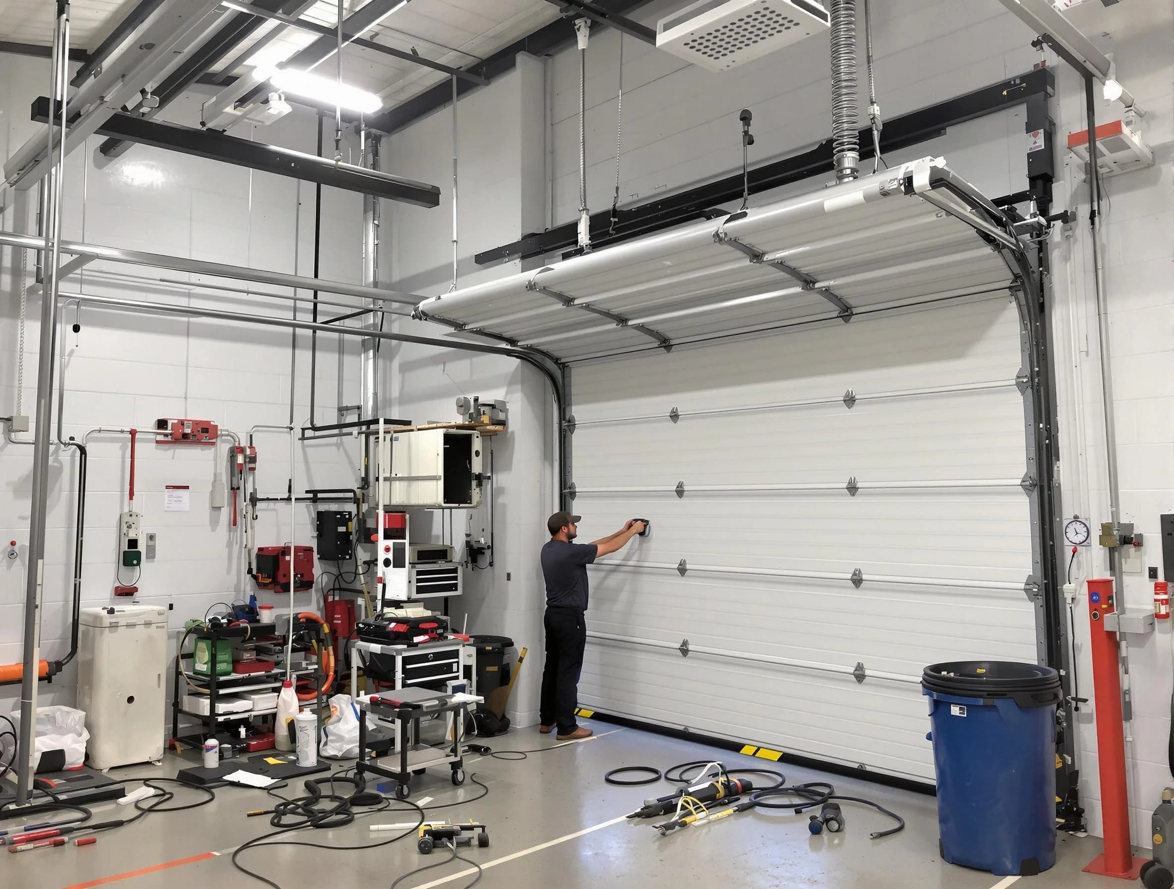 Manville Garage Door Repair certified technician performing commercial door repair at a Manville business facility